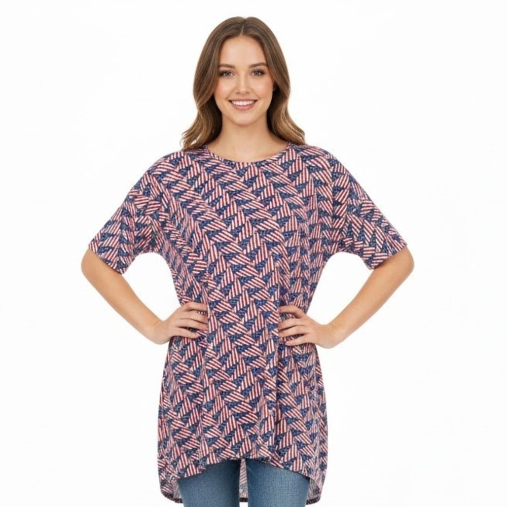 LuLaRoe Tunic Top American Flag USA Patriot Short Sleeve‎ Patterned Bold Size XL